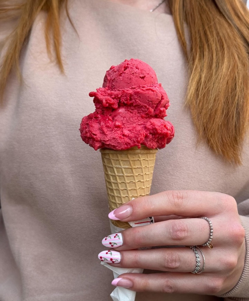 Raspberry ice cream cone