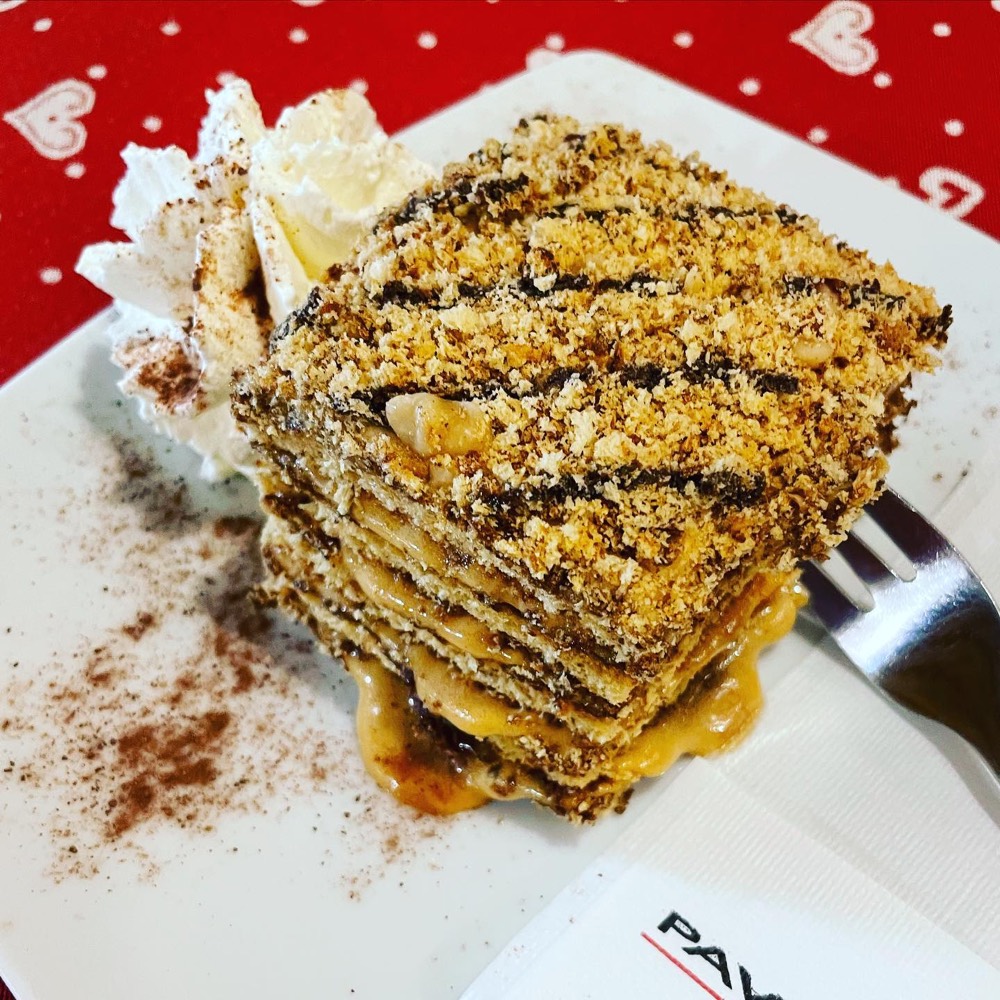A slice of Marlenka honey cake